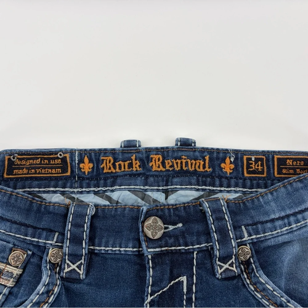 Rock Revival Jean Men's NERO Slim‎ Boot Size 34x32 Blue Wash White Stitch